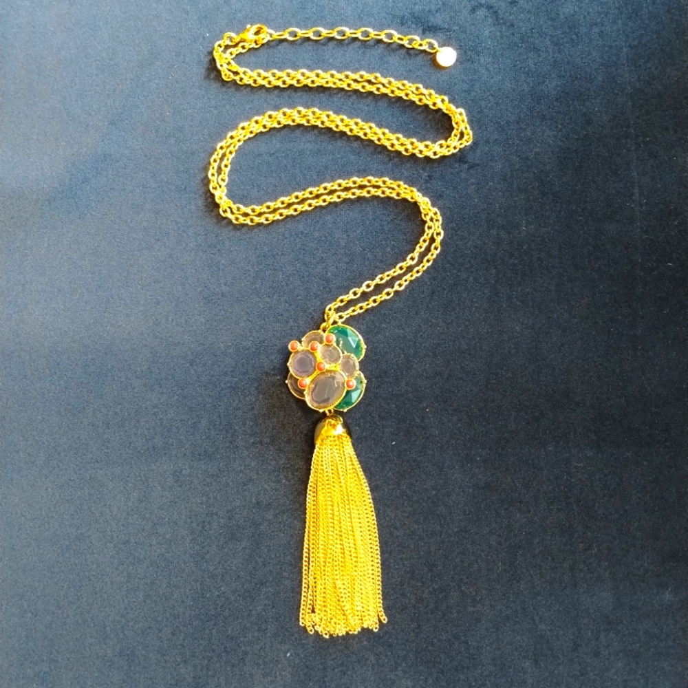 Talbots Tassel Multi-Color Jewel Necklace Gold-Toned Costume Jewelry, Pre-owned